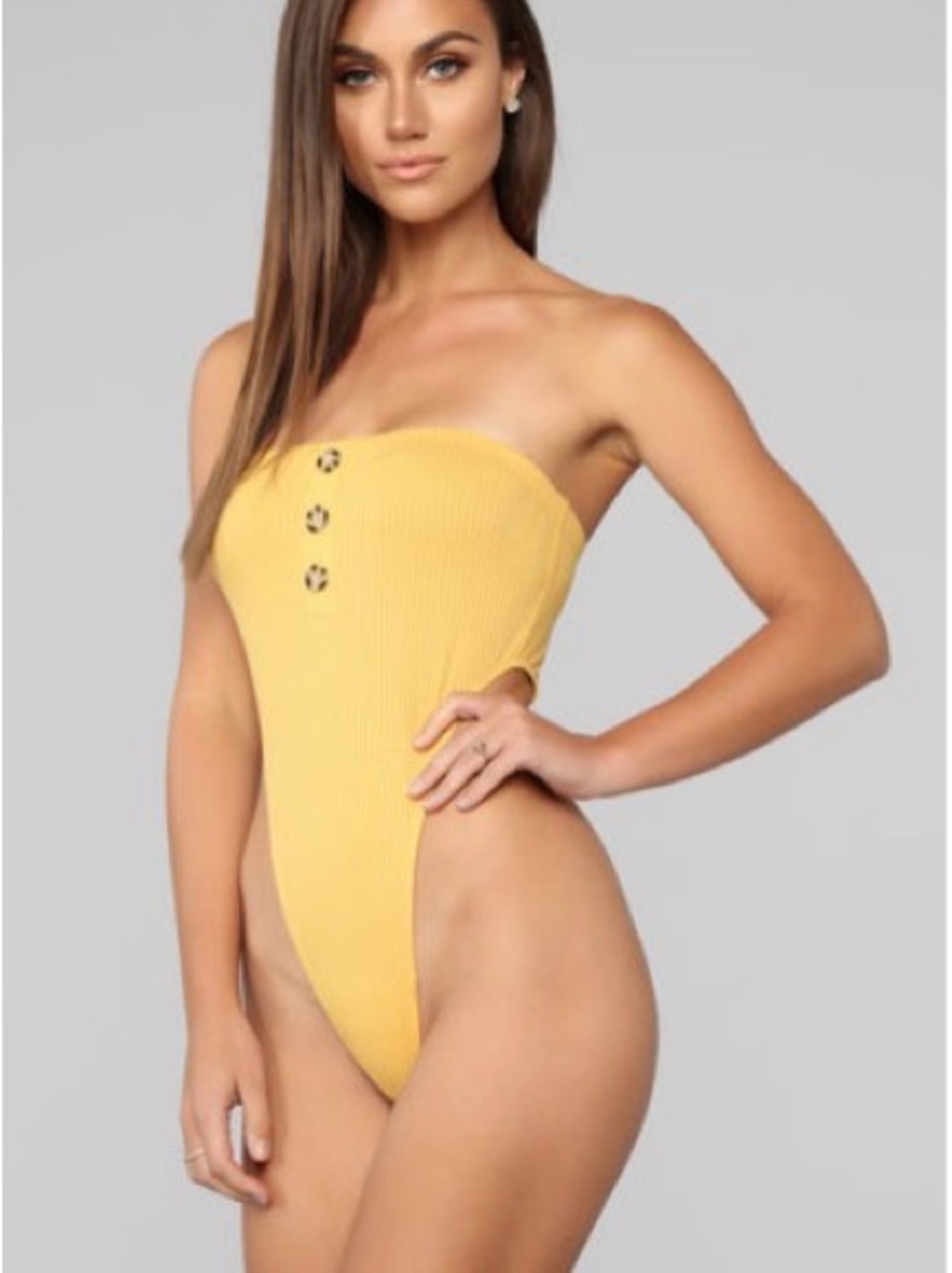 Strapless Ribbed One-Piece Bodysuit in Yellow